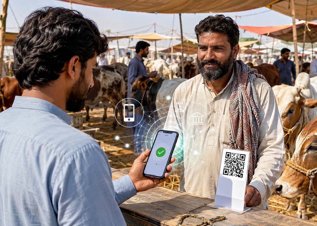 Crowded cattle market in Pakistan during Eid-ul-Azha with digital payment QR codes and banking facilitation counters supporting cashless transactions under SBP initiative.