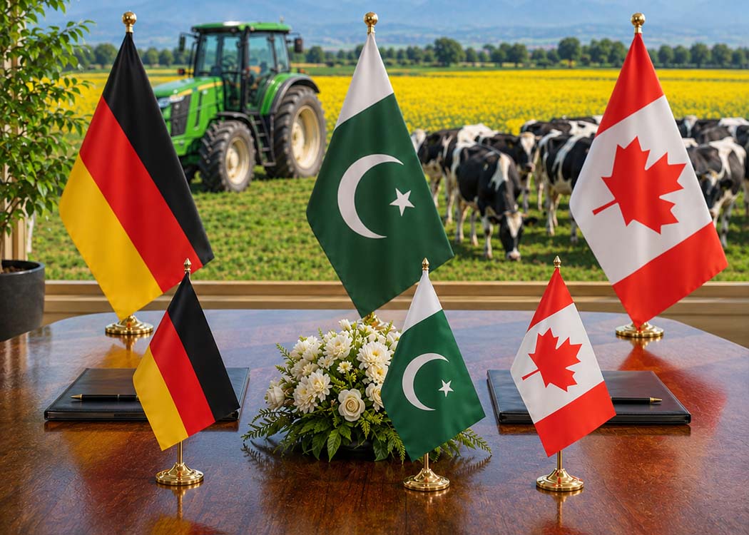 Pakistani agriculture minister meeting German ambassador and Canadian high commissioner to discuss agricultural cooperation and modernization.