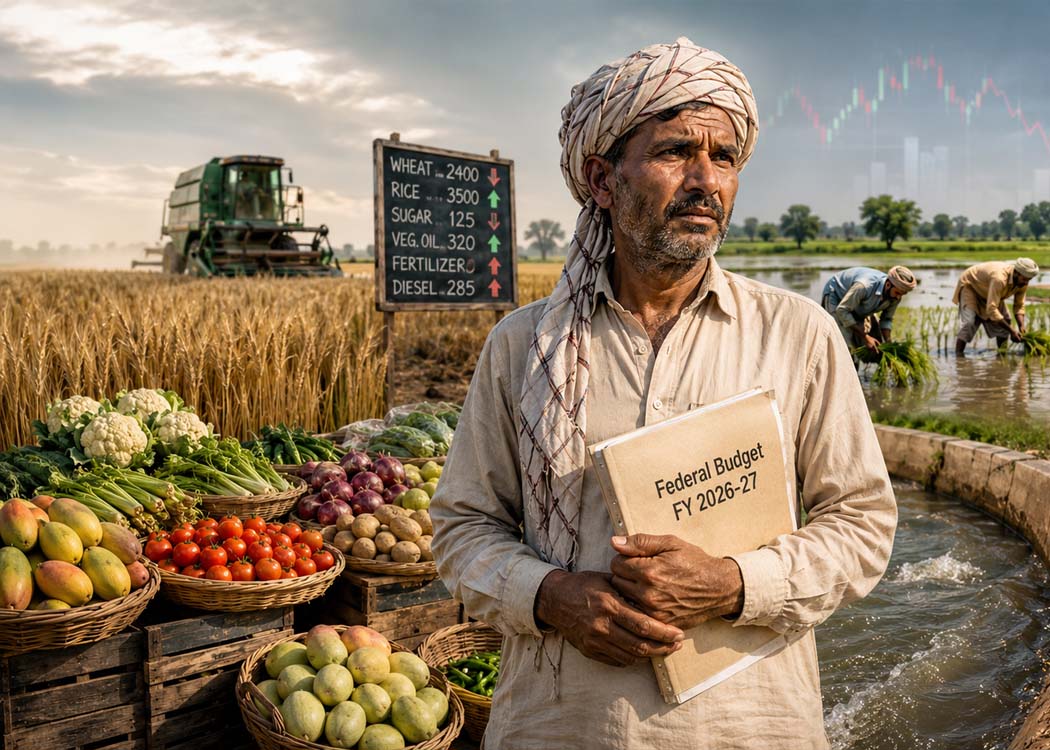 Pakistani farmers working in agricultural fields amid concerns over farm profitability, water scarcity, and agricultural policy ahead of Budget 2026-27.