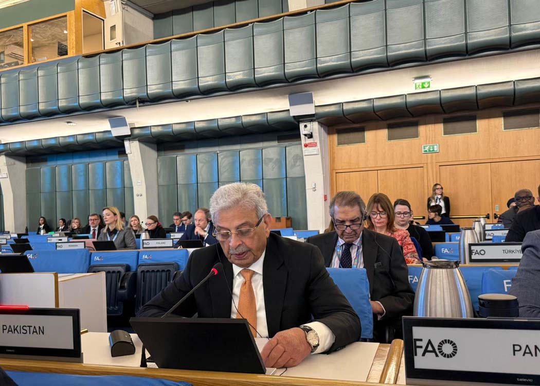 Federal Minister for National Food Security and Research Rana Tanveer Hussain addresses a high-level FAO session on animal health and pandemic prevention in Rome