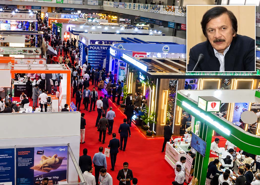 Adviser to the Prime Minister Haroon Akhtar Khan addresses the International Poultry Expo 2026 at the Expo Centre Lahore, urging stronger poultry exports and investment in technology.
